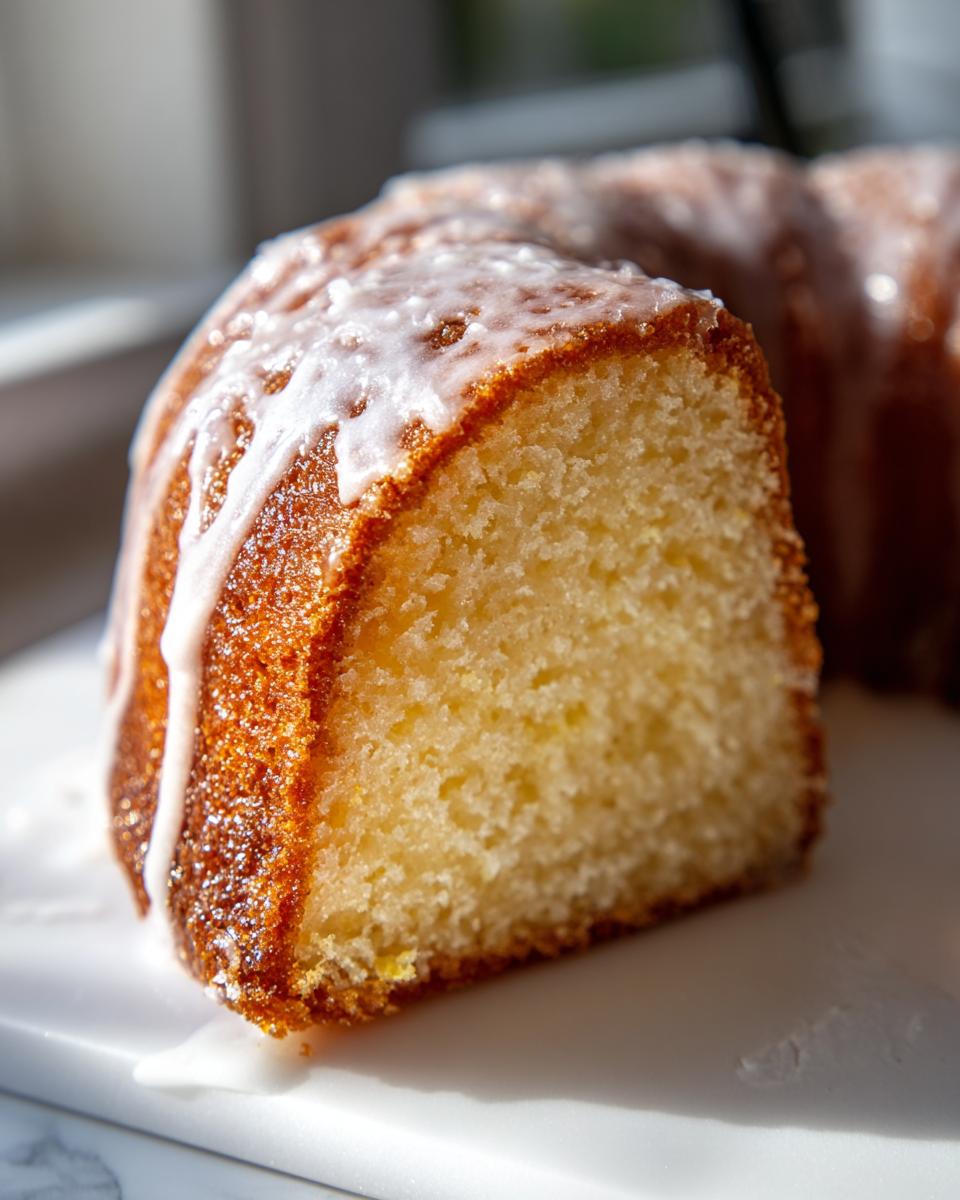 Close-up of a moist slice of yellow Bundt Cake with a thick white glaze dripping down the side.