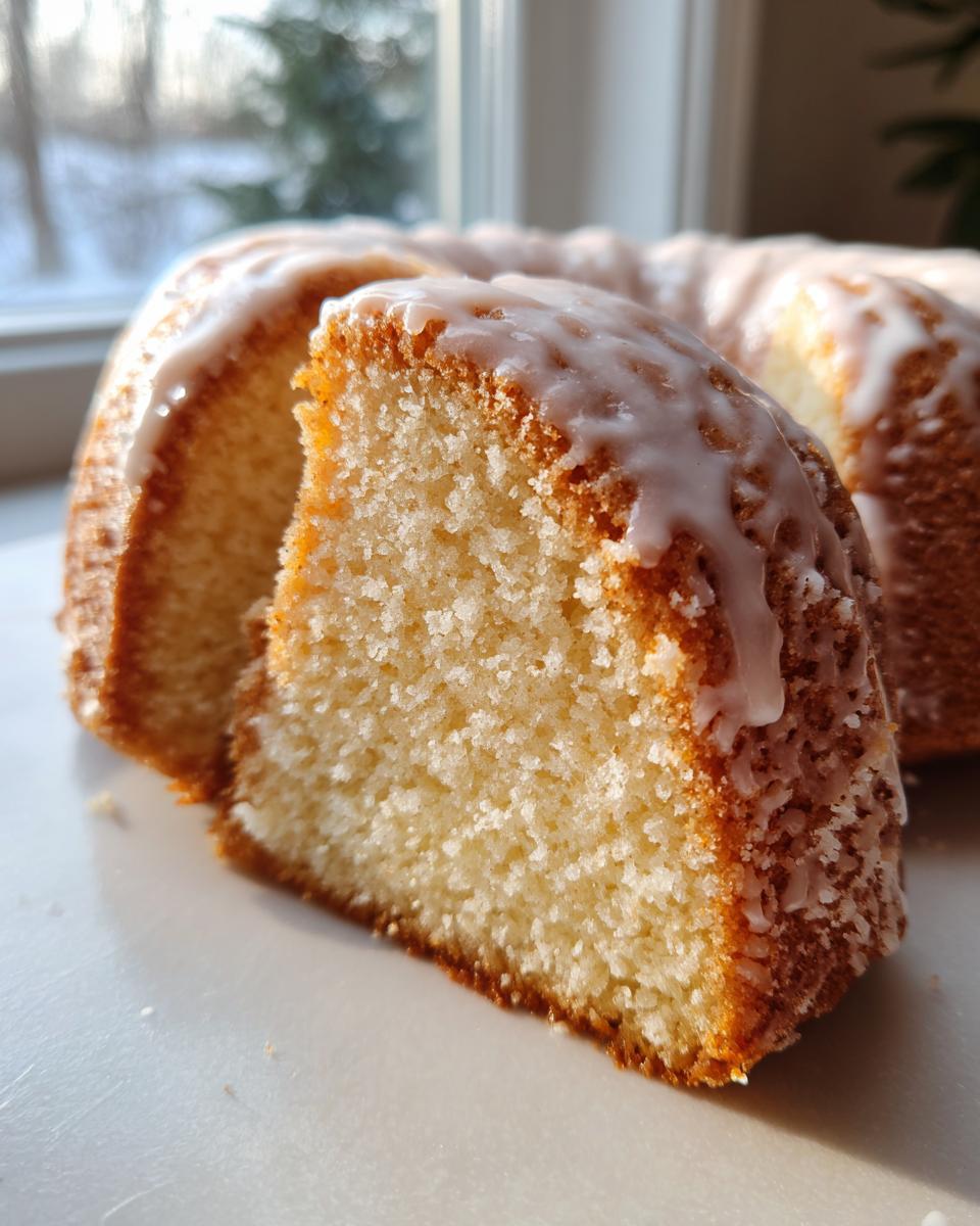 Close-up of a slice cut from a vanilla Bundt Cake, showing the moist crumb and white glaze dripping down the sides.