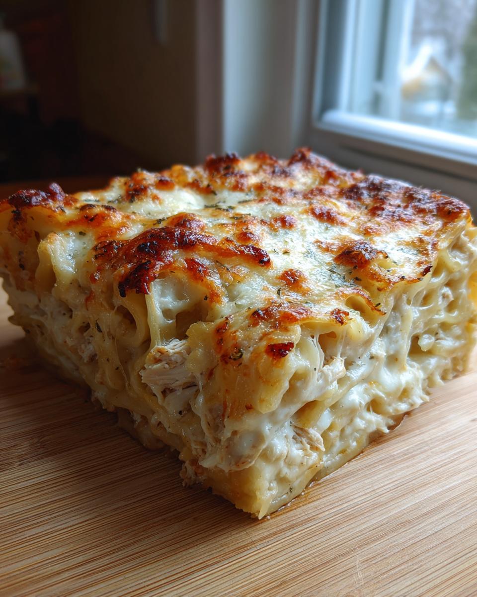A thick, square slice of baked pasta layered with creamy sauce and chicken, topped with browned cheese, representing the Chicken Alfredo Bake.