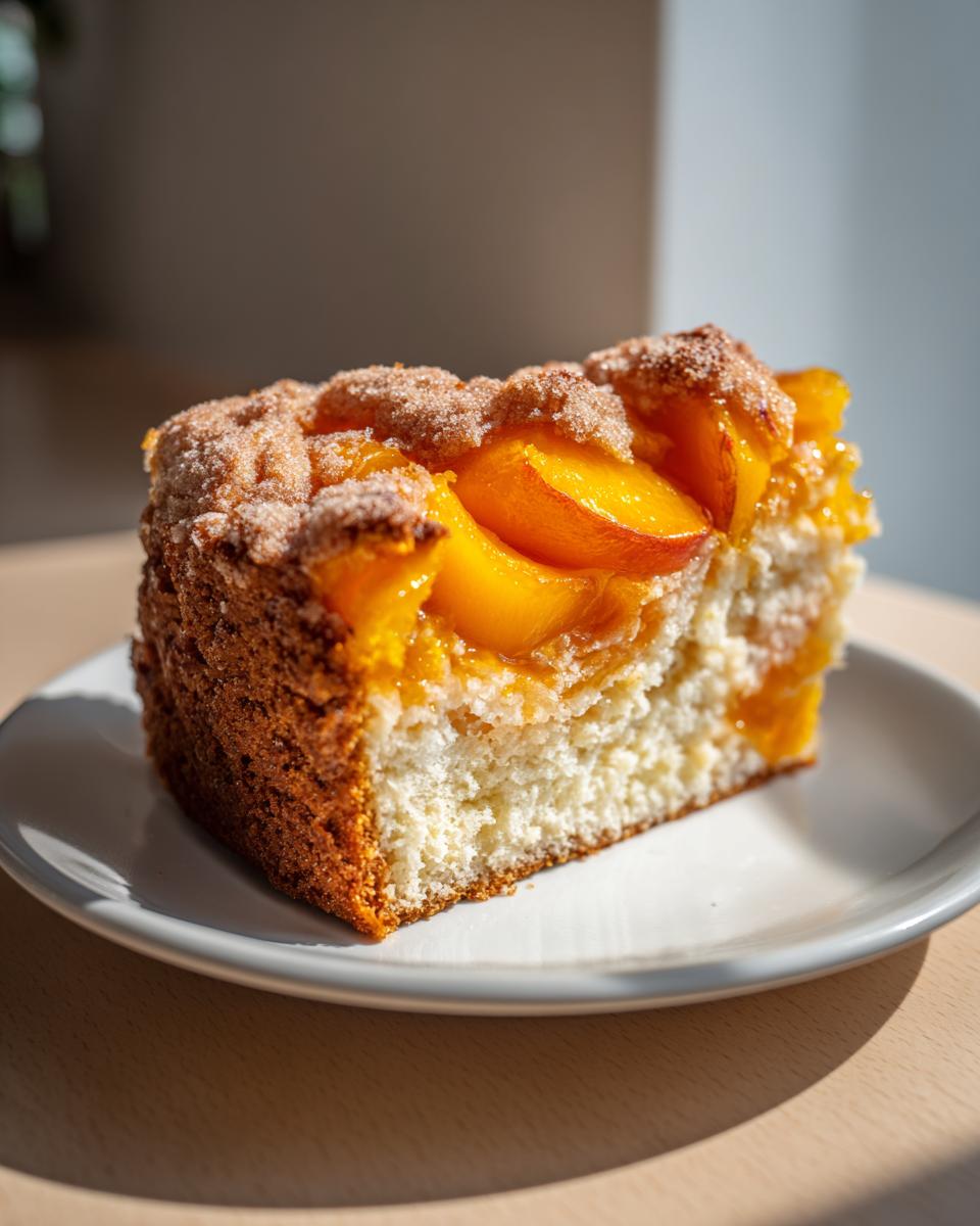 A close-up of a moist slice of Peach Cobbler Cake topped with caramelized peaches and cinnamon crumble.