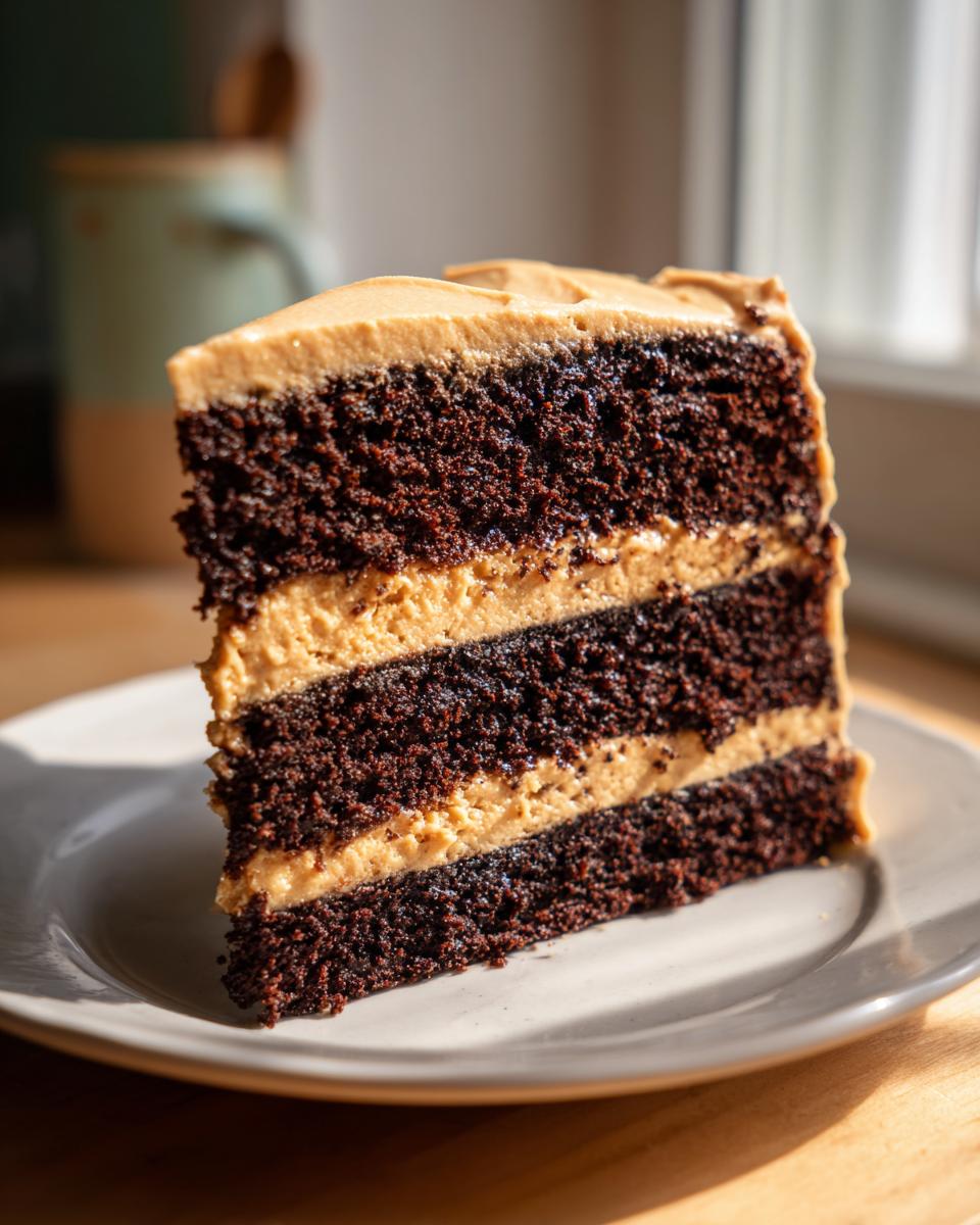 A tall slice of decadent Peanut Butter Chocolate Cake showing three dark chocolate layers and two thick peanut butter frosting layers.