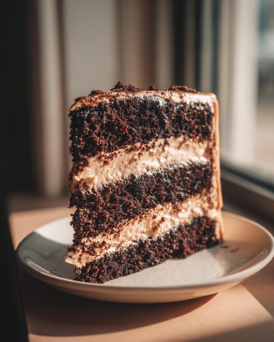 A tall, moist slice of Peanut Butter Chocolate Cake with three dark chocolate layers and peanut butter frosting.