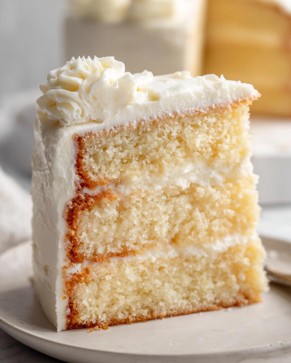 Close-up of a moist, three-layer slice of white cake, perfect for a Twenty First Birthday Cake, topped with white buttercream.
