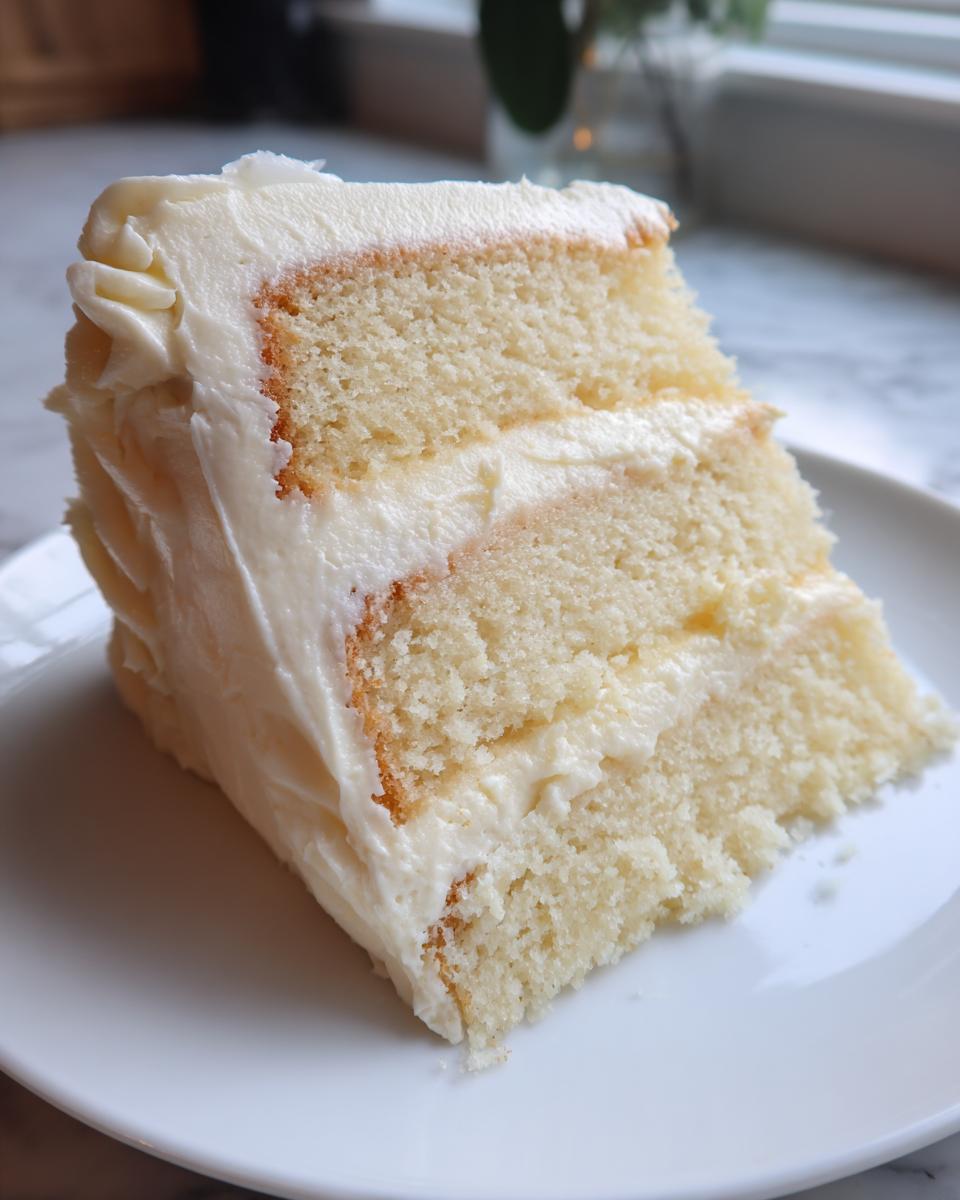 Close-up of a moist slice of white layer cake with thick vanilla frosting, perfect for a Twenty First Birthday Cake.