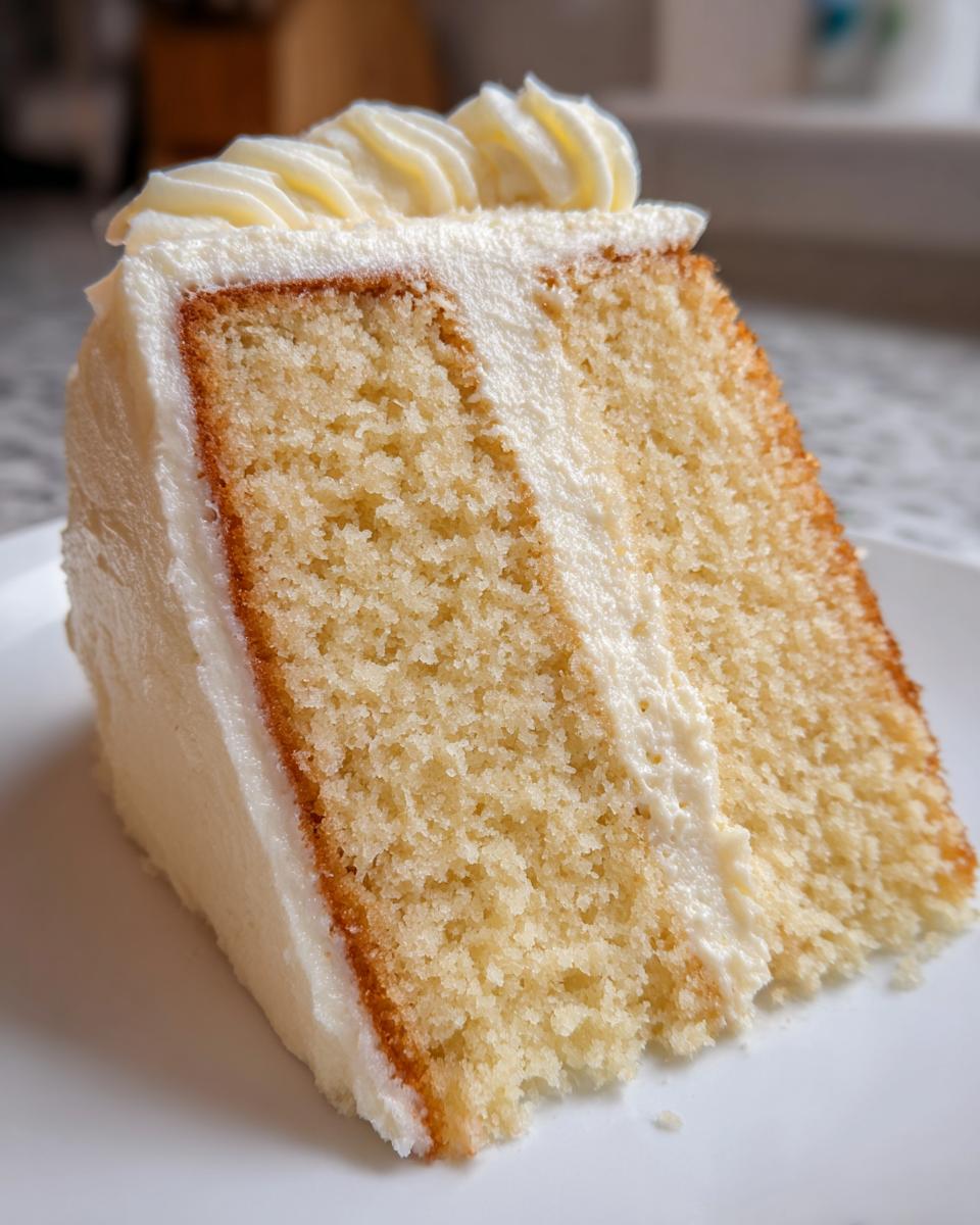 Close-up of a moist slice of vanilla layer cake with white buttercream frosting, perfect for a Twenty First Birthday Cake.