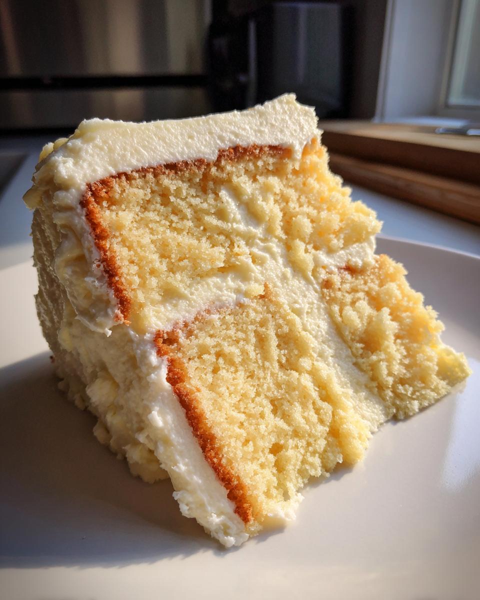 Close-up of a moist slice of white layer cake with thick white frosting, perfect for a Twenty First Birthday Cake.
