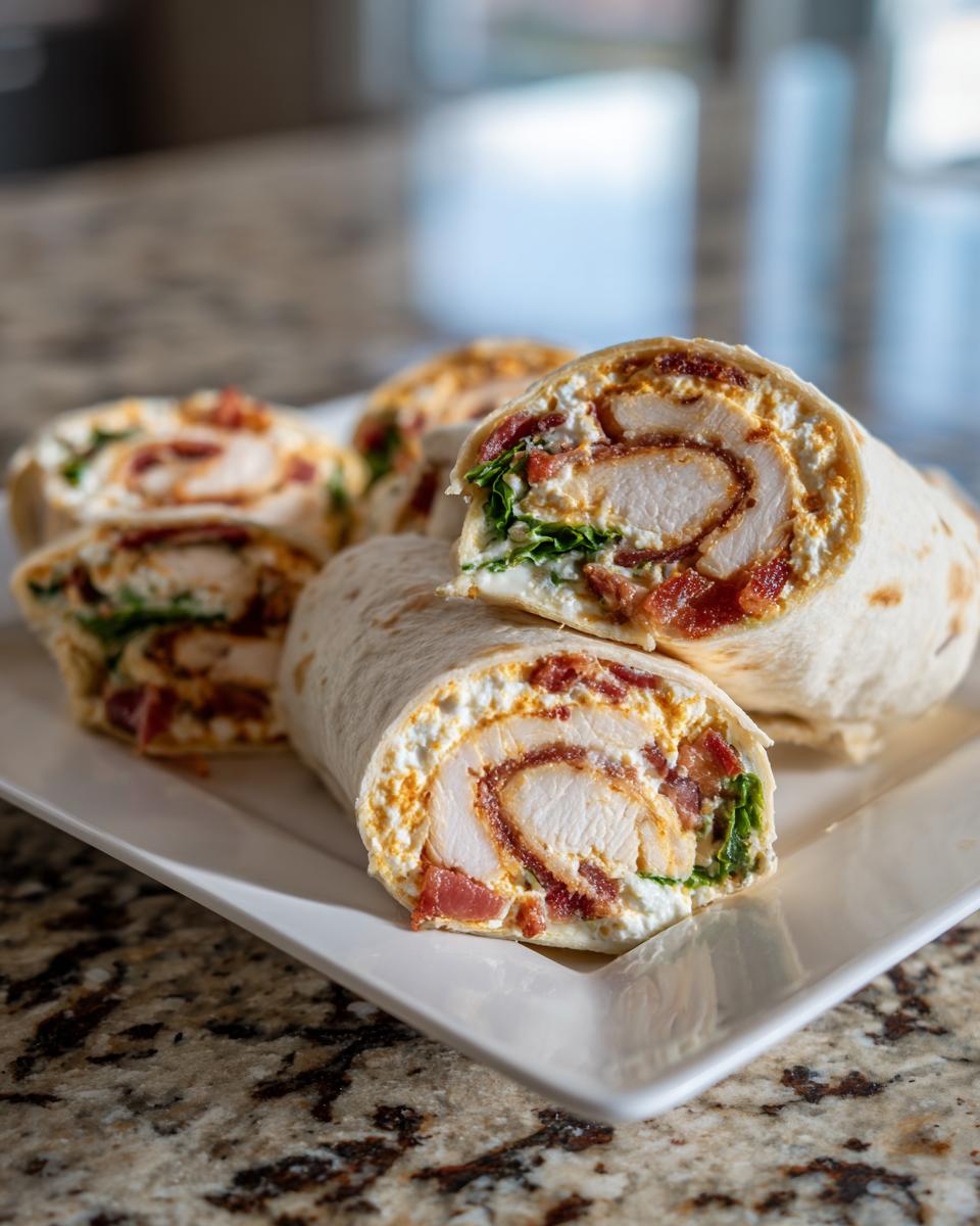 Close-up of sliced Crack Chicken Pinwheels showing crispy chicken, bacon, and cream cheese filling rolled in a tortilla.
