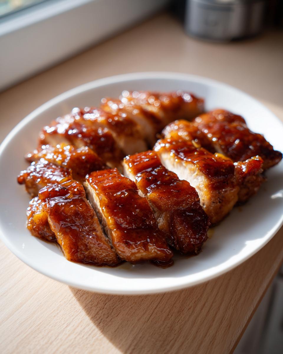 Slices of juicy Crockpot Honey Garlic Chicken coated in a thick, glossy honey garlic sauce on a white plate.