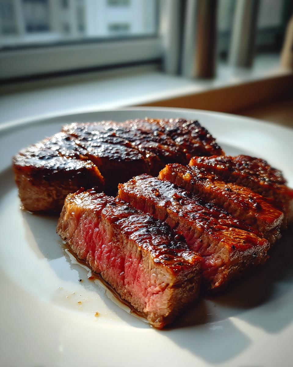 Close-up of a medium-rare sliced steak with a dark, glazed crust, perfect for Fathers Day Beef Recipes.