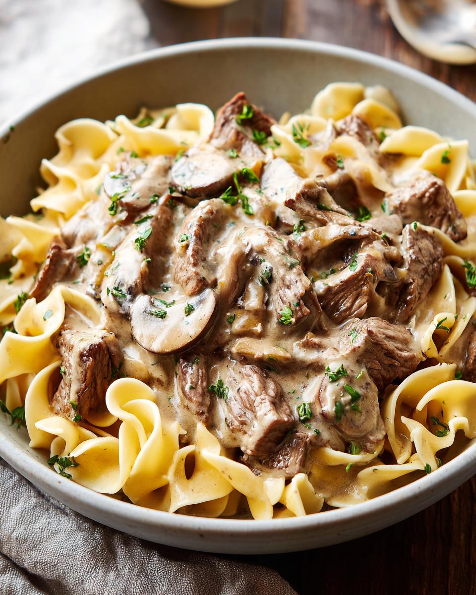 A close-up bowl of tender beef chunks and mushrooms in creamy sauce, served over egg noodles, classic Slow Cooker Beef Stroganoff.