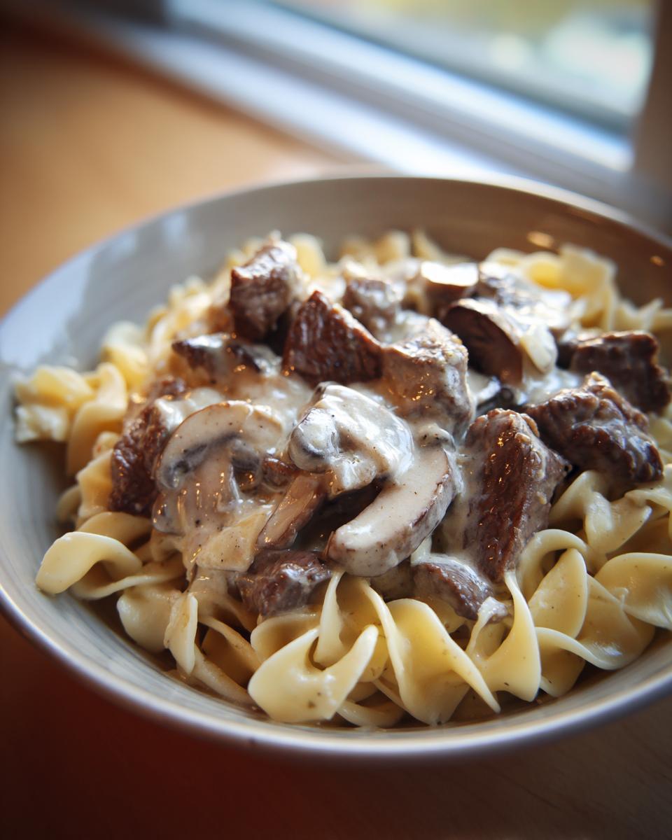 A bowl filled with egg noodles topped generously with chunks of beef and mushrooms in a creamy sauce, classic Slow Cooker Beef Stroganoff.