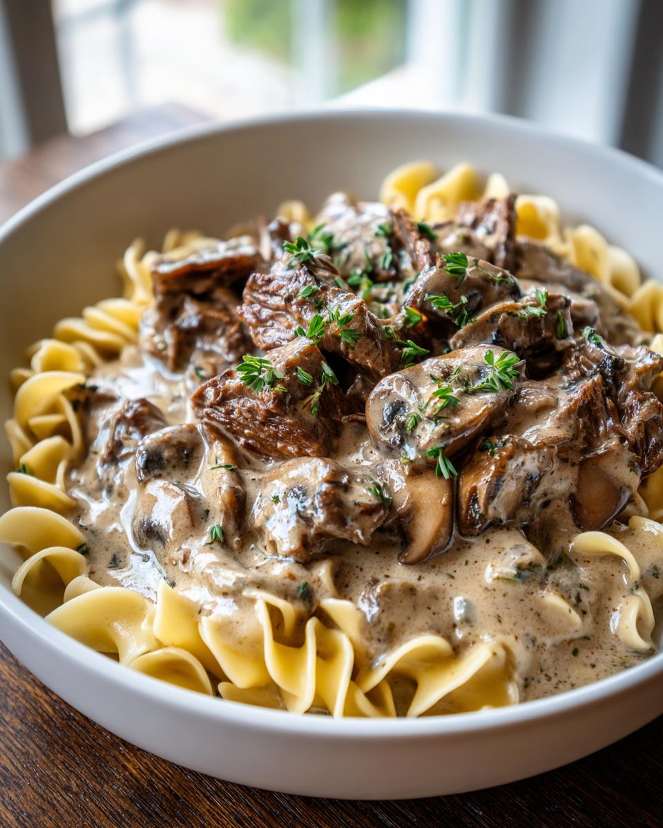 A close-up of a bowl filled with Slow Cooker Beef Stroganoff, featuring tender beef, mushrooms, and creamy sauce over egg noodles.