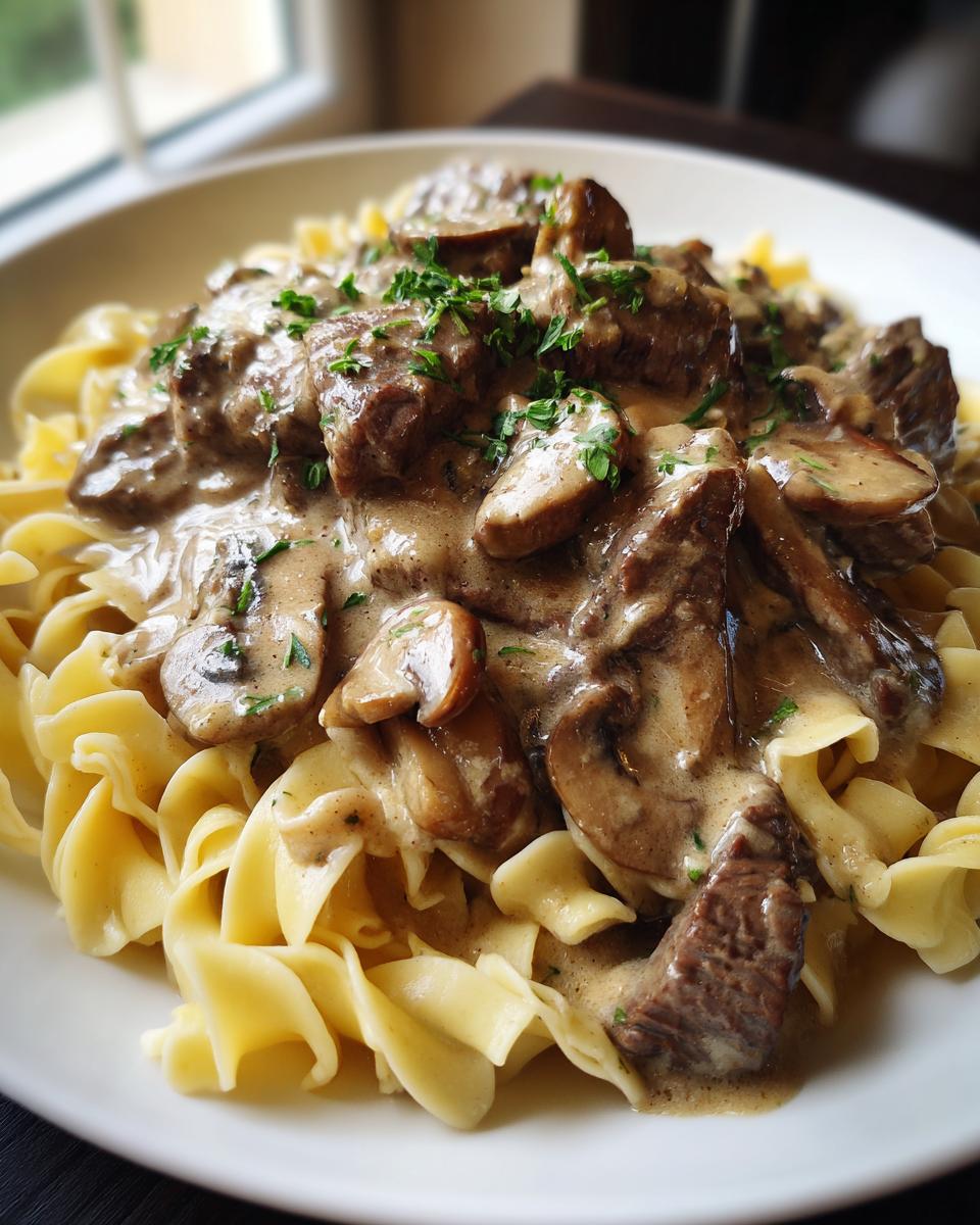 Close-up of a bowl filled with Slow Cooker Beef Stroganoff sauce, beef chunks, and mushrooms served over wide egg noodles, garnished with parsley.