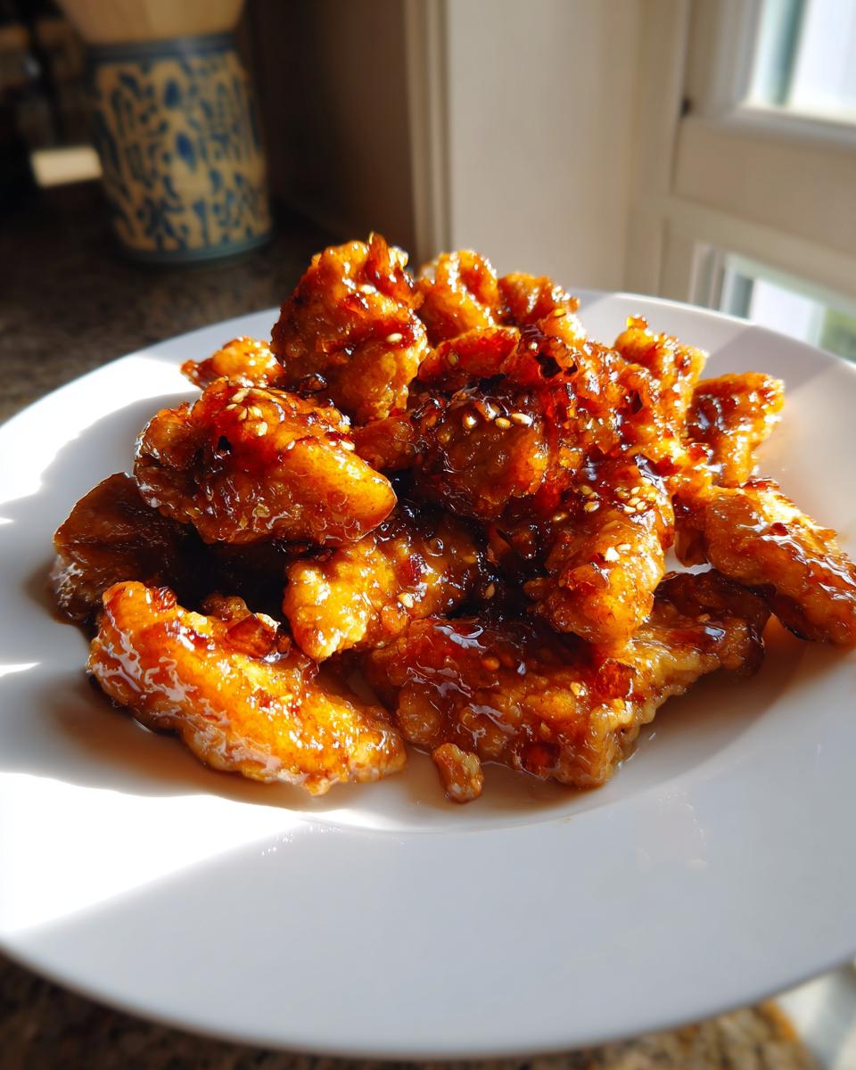 Close-up of crispy, glazed pieces of Slow Cooker Honey Garlic Chicken sprinkled with sesame seeds.