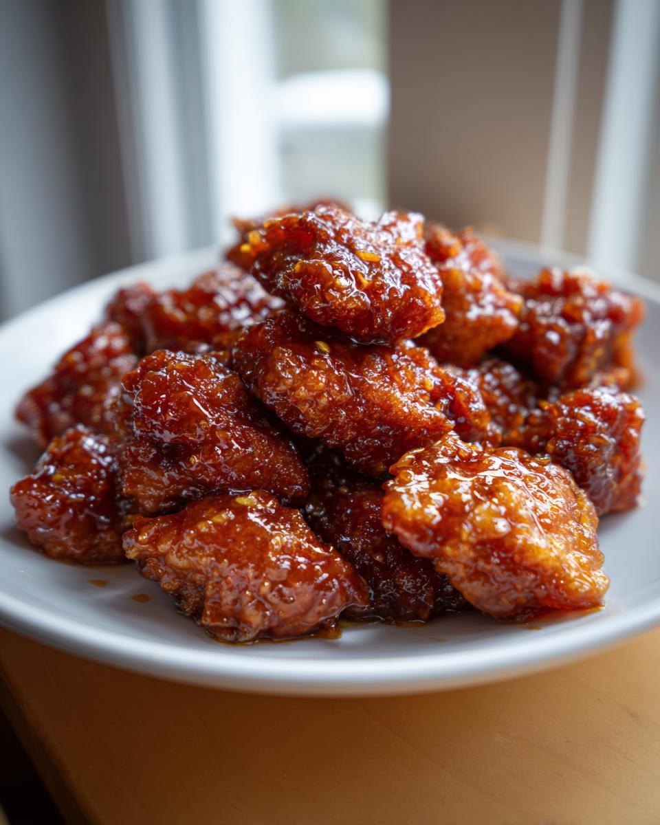 Close-up of saucy, glistening pieces of Slow Cooker Honey Garlic Chicken piled on a white plate.
