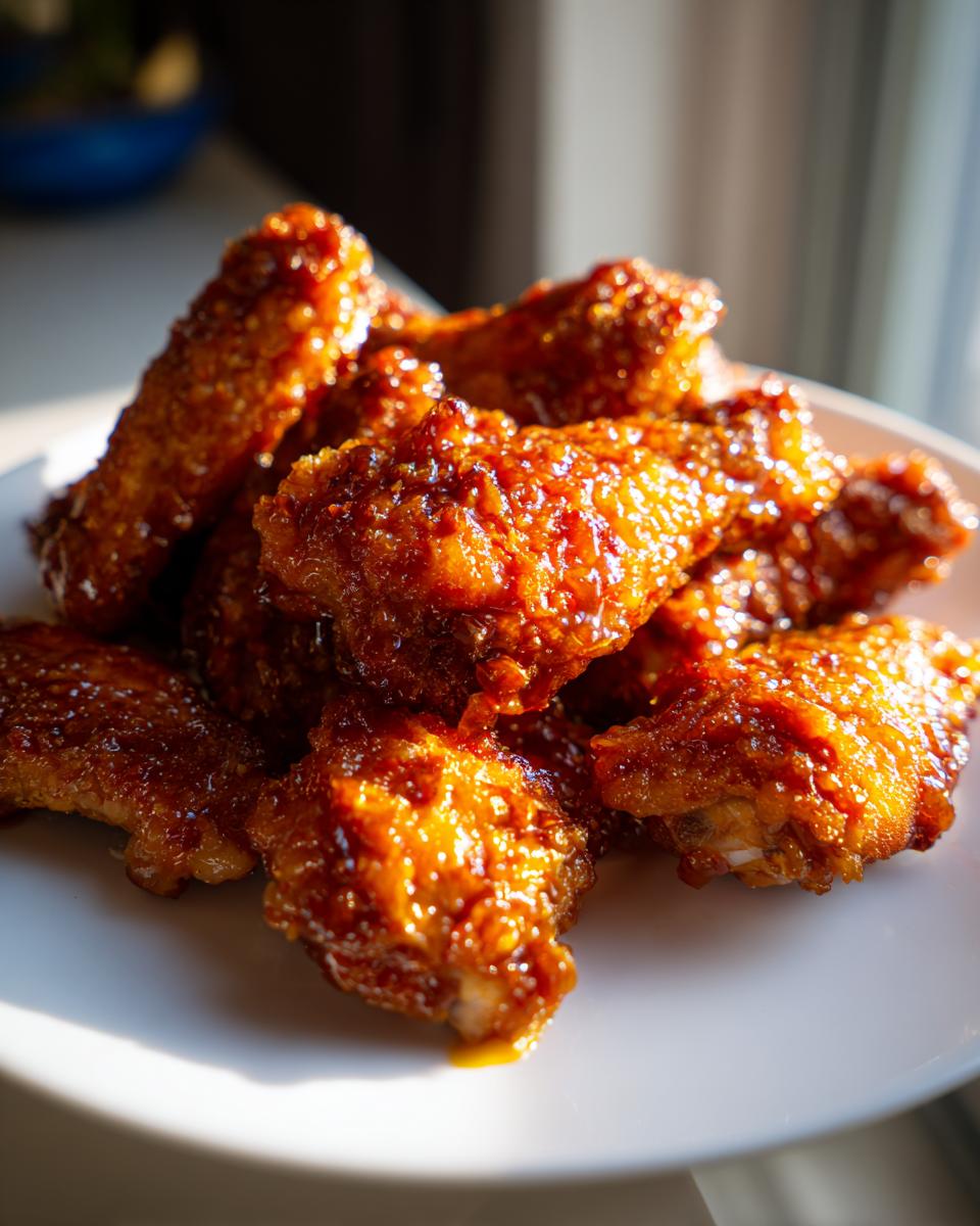 Close-up of sticky, glazed Slow Cooker Honey Garlic Chicken wings piled on a white plate.