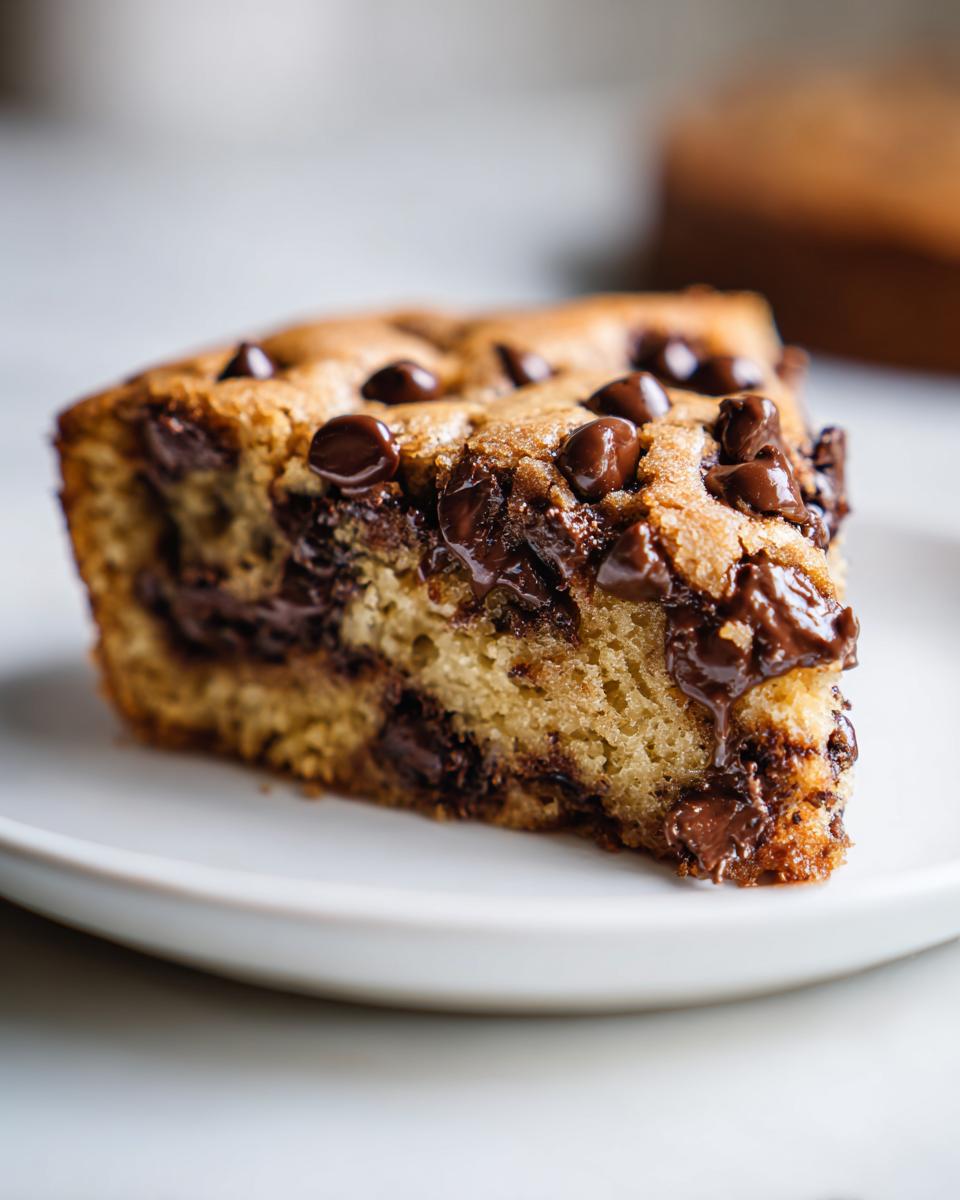 Close-up of a soft slice of chocolate chip Cookie Cake on a white plate, showing melted chocolate chips.
