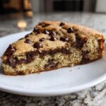 Close-up of a thick, soft slice of chocolate chip Cookie Cake served on a white plate.