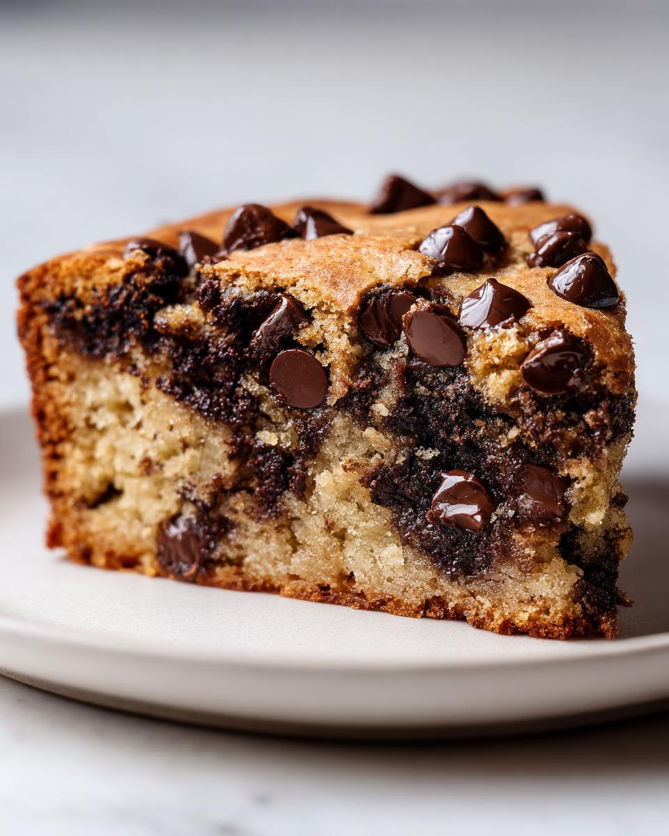 Close-up of a soft slice of chocolate chip Cookie Cake showing moist texture and melted chocolate chunks.