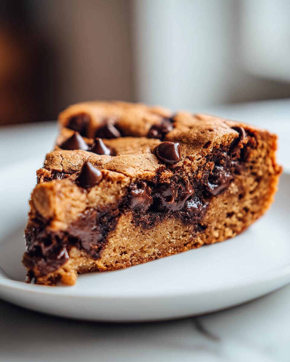 Close-up of a thick, soft slice of chocolate chip Cookie Cake on a white plate, showing melted chocolate.