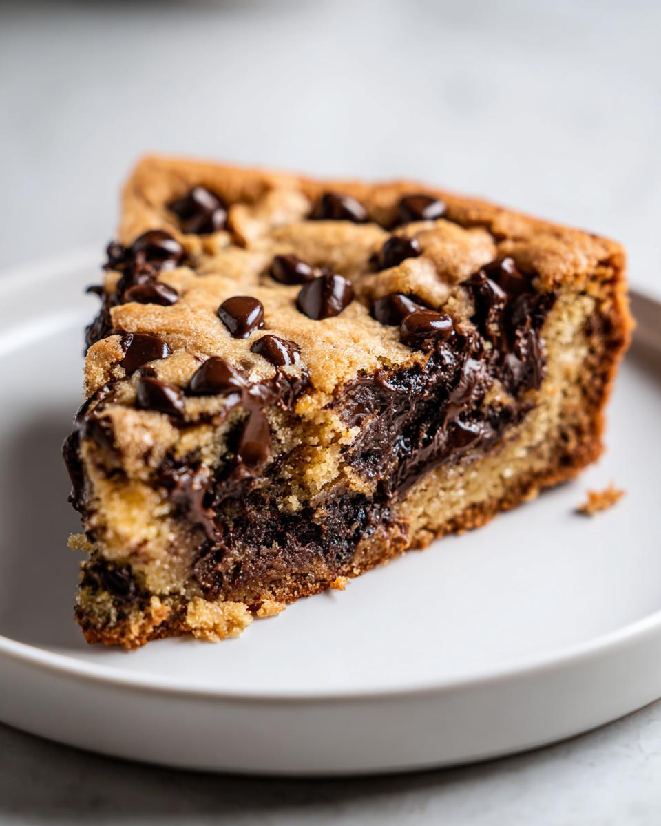 Close-up of a soft slice of Cookie Cake loaded with melted chocolate chips, served on a white plate.