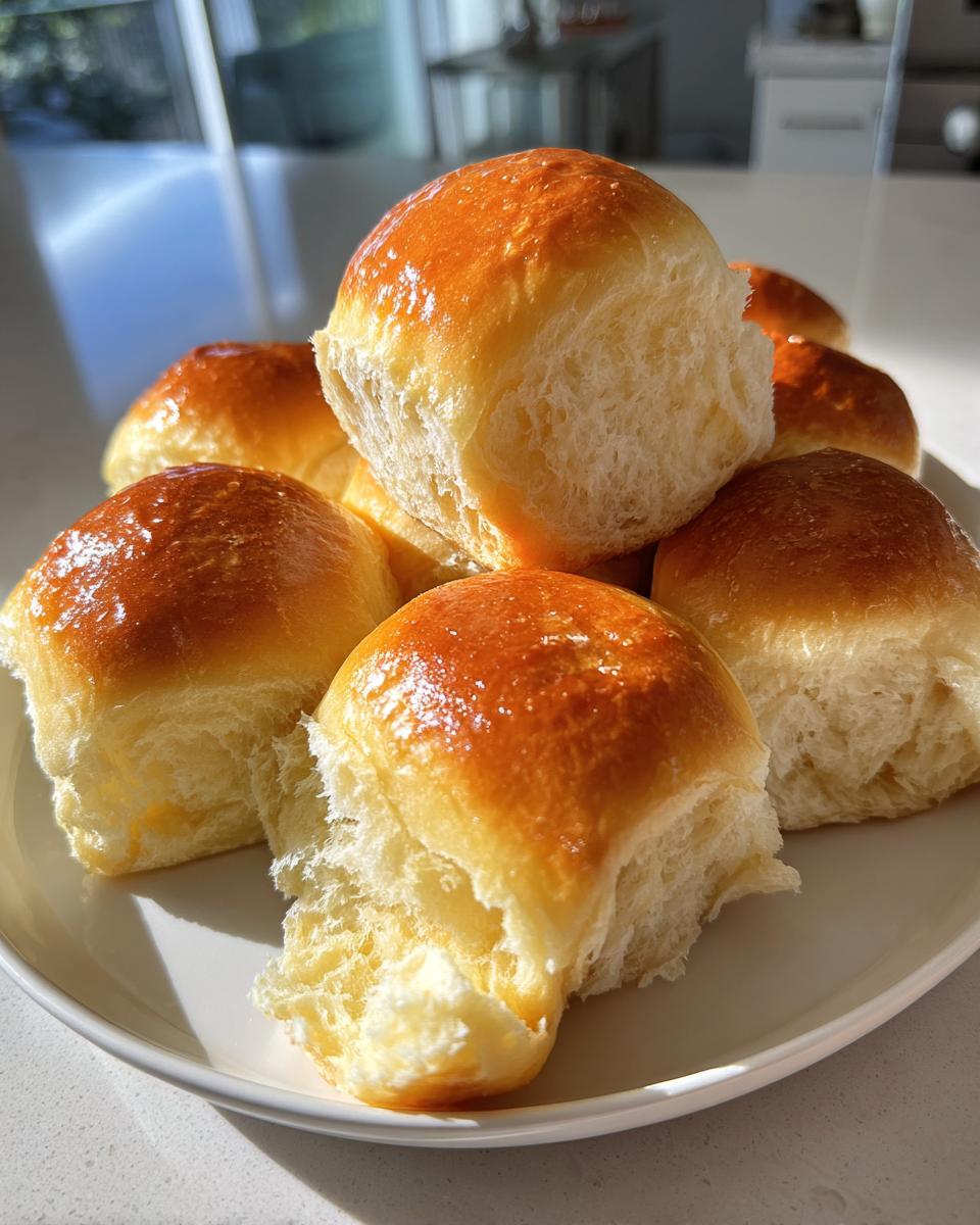 A stack of golden-brown, shiny Soft Homemade Dinner Rolls piled on a white plate, showing their fluffy interior.
