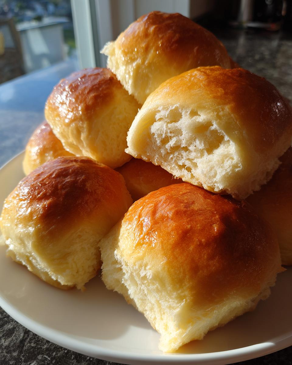 A stack of golden-brown, shiny Soft Homemade Dinner Rolls on a white plate, one is broken open showing the fluffy interior.