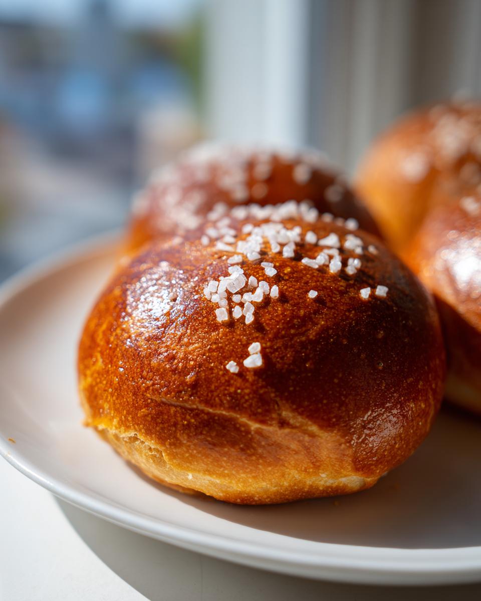 Close-up of a freshly baked Soft Pretzel Bun with a deep brown, glossy crust topped with coarse pretzel salt.
