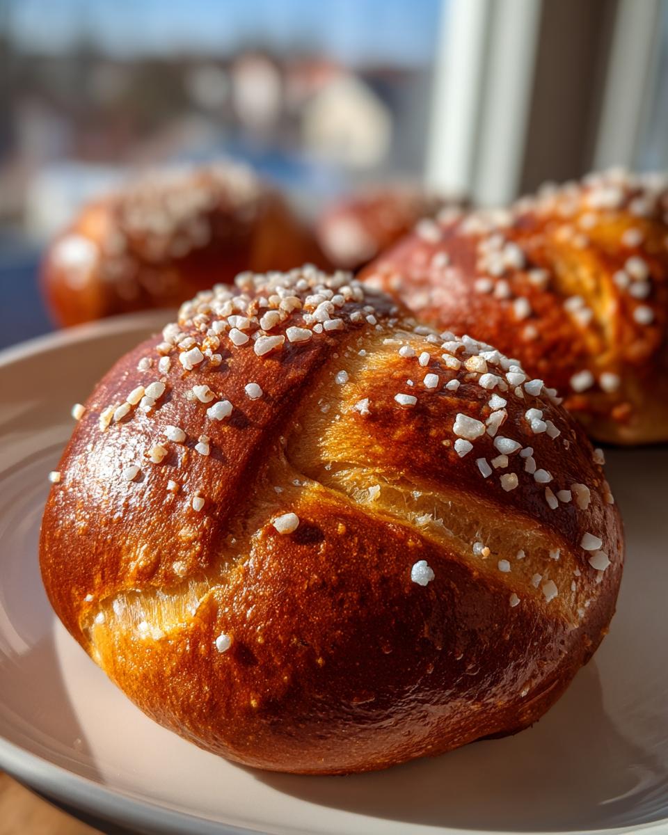 A close-up of a freshly baked Soft Pretzel Bun with a deep brown, glossy crust topped with coarse white salt crystals.