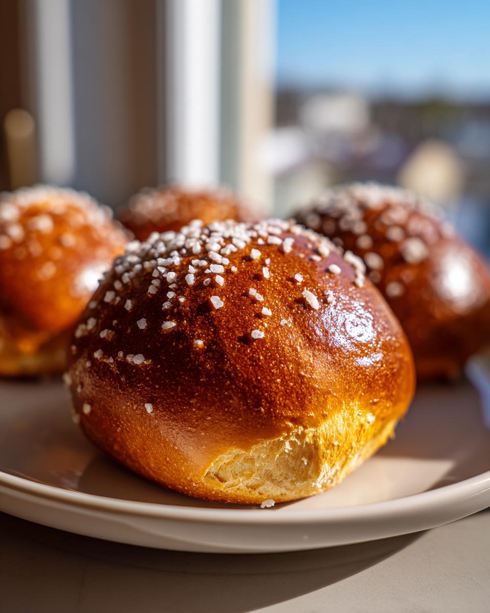 Close-up of a freshly baked Soft Pretzel Buns with a deep brown, shiny crust topped with coarse pretzel salt.