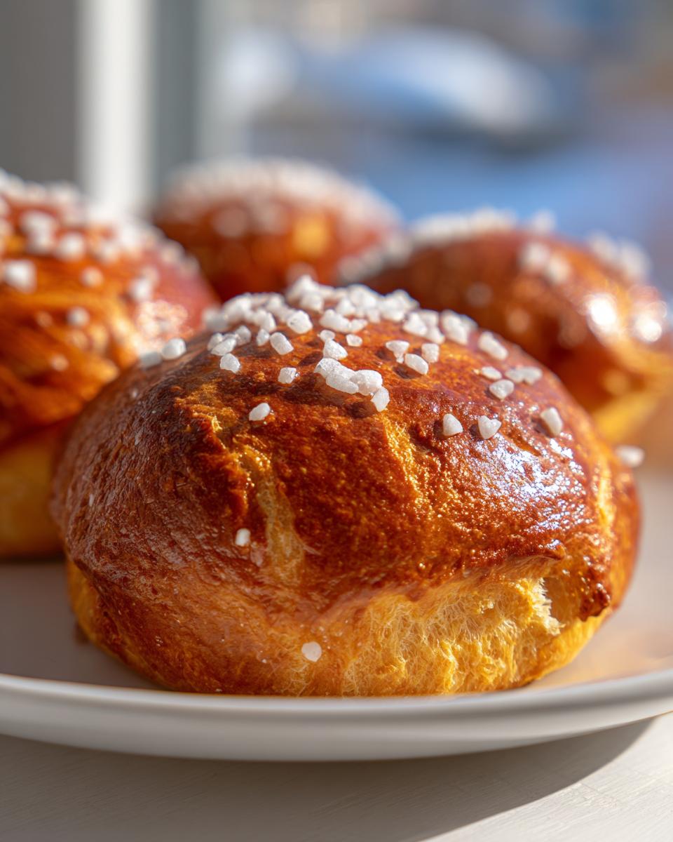 Close-up of a golden brown Soft Pretzel Bun topped with coarse pearl sugar, sitting on a white plate.