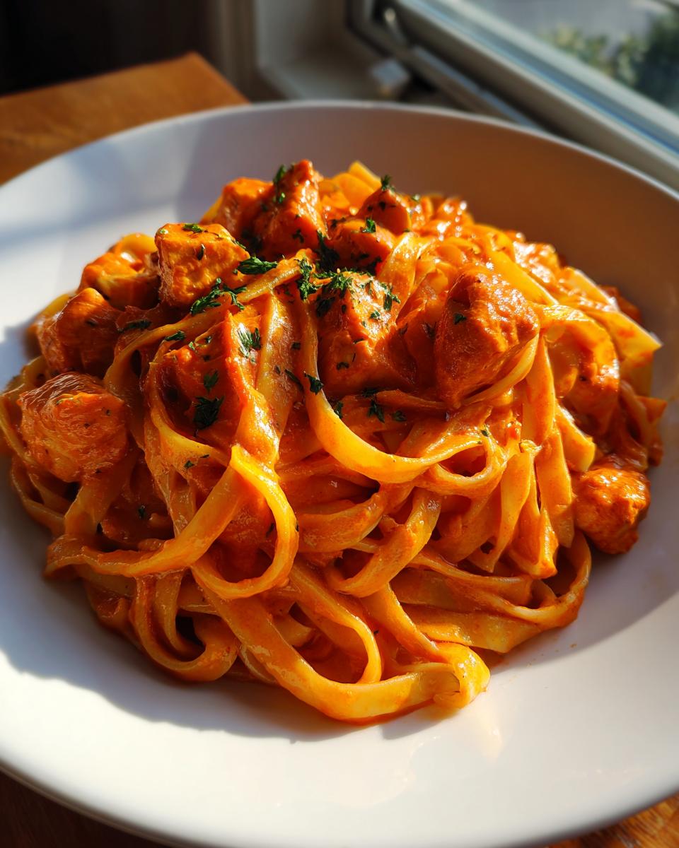 A close-up of Spicy Cajun Honey Butter Chicken Pasta with fettuccine noodles and chunks of chicken in a creamy orange sauce.