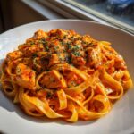 A close-up of Spicy Cajun Honey Butter Chicken Pasta featuring fettuccine coated in a creamy orange sauce and topped with diced chicken and parsley.