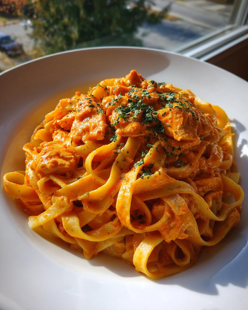 Close-up of creamy Spicy Cajun Honey Butter Chicken Pasta with fettuccine noodles, garnished with parsley.
