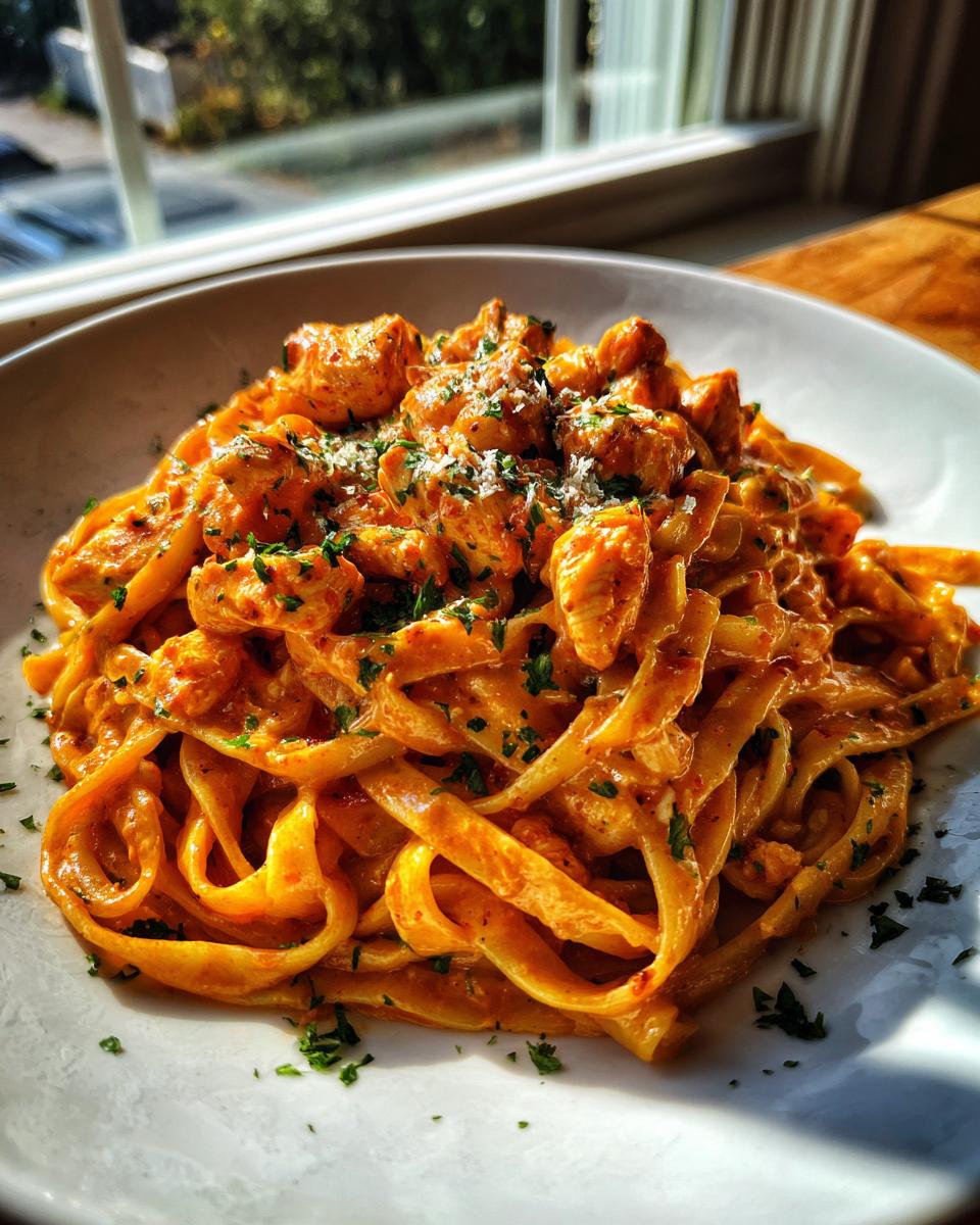 A close-up of Spicy Cajun Honey Butter Chicken Pasta featuring fettuccine noodles coated in a creamy orange sauce with chicken pieces and parsley.