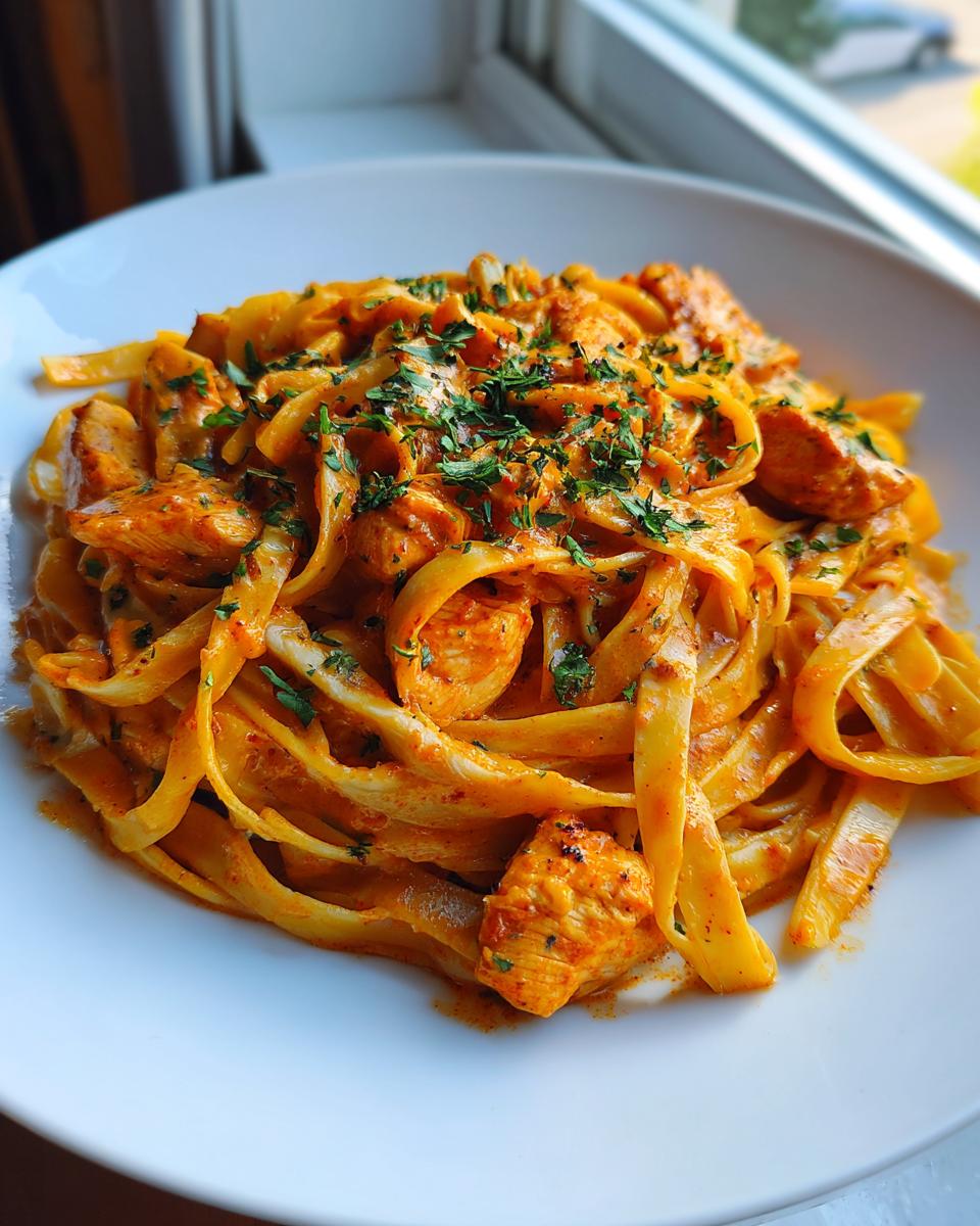Close-up of creamy Spicy Cajun Honey Butter Chicken Pasta tossed with fettuccine and topped with fresh parsley.