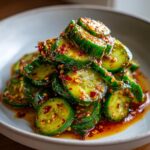 A mound of vibrant green, sliced cucumbers tossed in a glossy, spicy dressing with visible chili flakes and sesame seeds, known as Spicy Cucumber Salad.