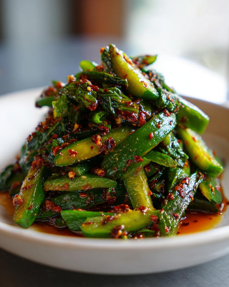Close-up of a mound of bright green Spicy Cucumber Salad tossed in rich, red chili oil and spices.