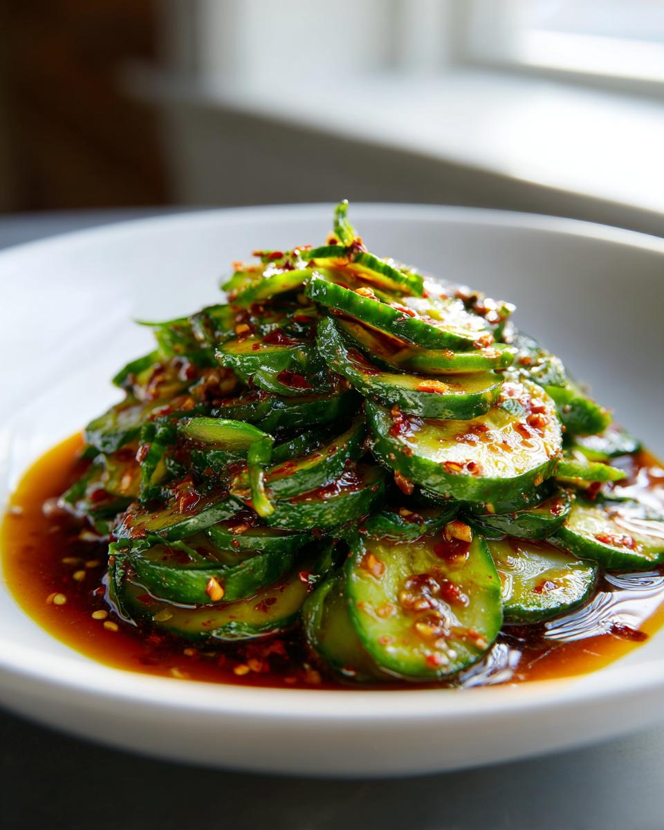 A mound of thinly sliced cucumbers coated in a rich, dark chili oil dressing, making a perfect Spicy Cucumber Salad.