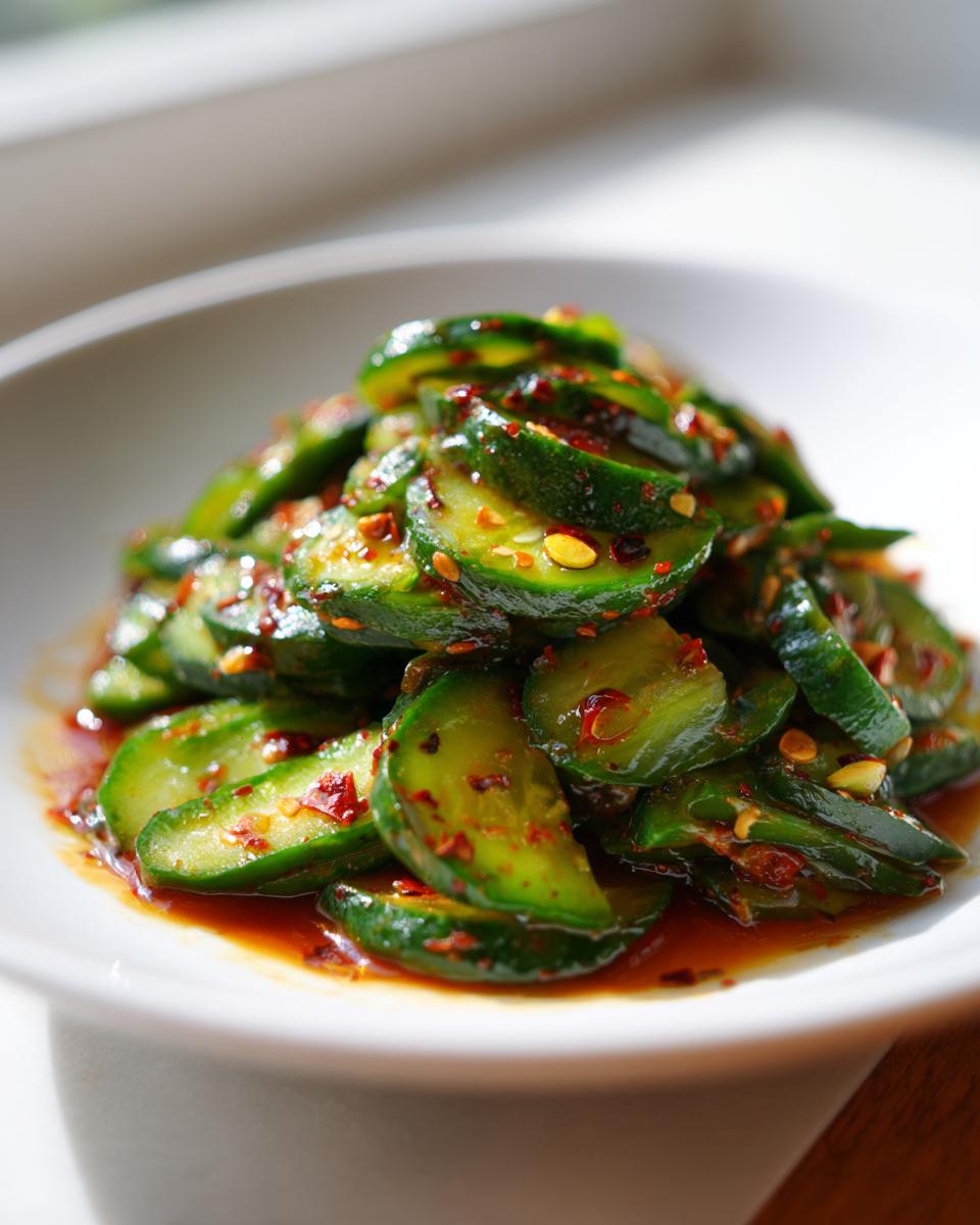 Close-up of vibrant green, thinly sliced Spicy Cucumber Salad coated in chili oil and flakes, served in a white bowl.