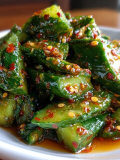 A vibrant close-up of chunky, smashed cucumbers coated in a glossy, spicy dressing for Spicy Cucumber Salad.