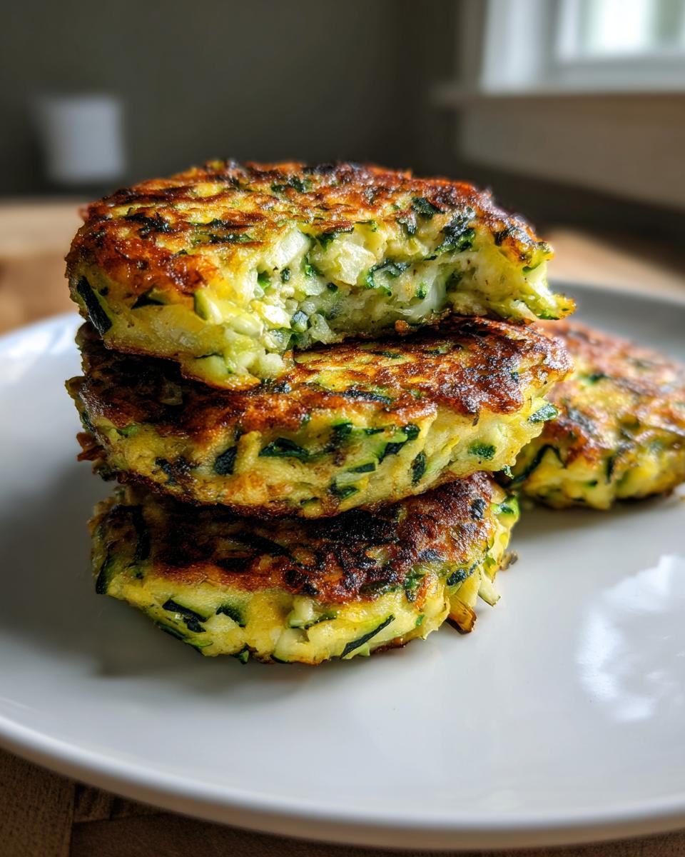 A stack of three golden brown, pan-fried Zucchini Patties, with the top one broken open to show the shredded zucchini interior.