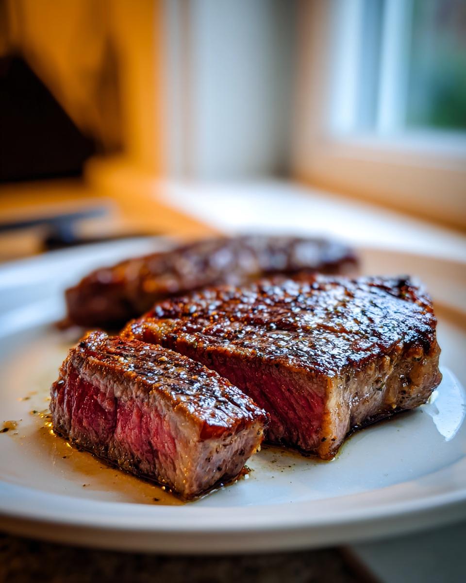 Close-up of a medium-rare grilled steak, sliced to show the juicy pink center, part of Twenty Fathers Day Beef Recipes.