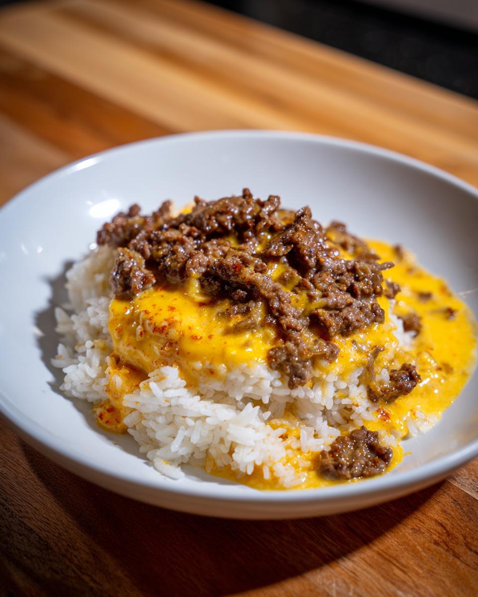 Close-up of a bowl filled with white rice topped with bright yellow queso sauce and seasoned ground beef, representing Steak Queso Rice.