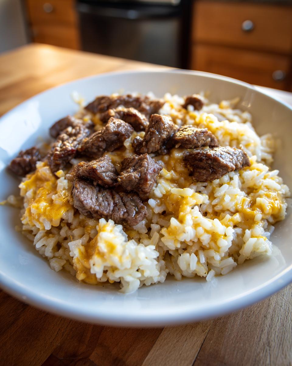 Close-up of a white bowl filled with creamy rice mixed with queso, topped generously with seasoned steak chunks, featuring Steak Queso Rice.