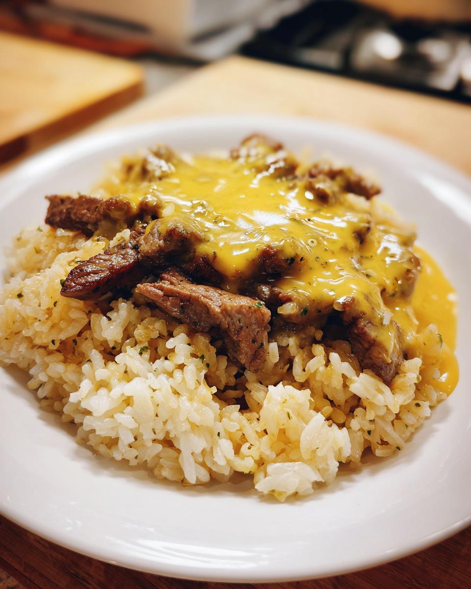 A white plate holding a serving of Steak Queso Rice topped with slices of seasoned steak and bright yellow queso sauce.