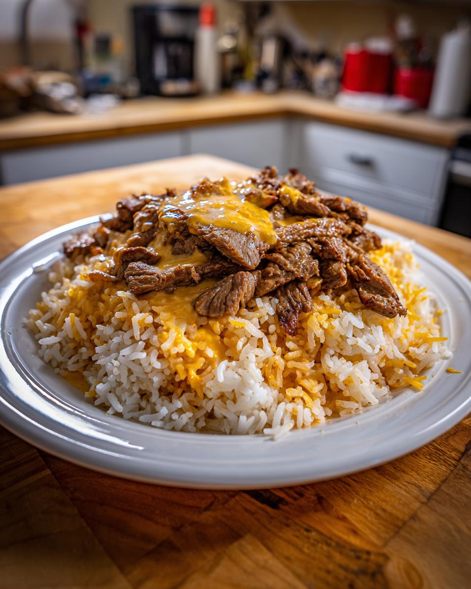 A close-up of a white plate piled high with white rice, topped with seasoned steak strips and melted yellow queso cheese, representing Steak Queso Rice.