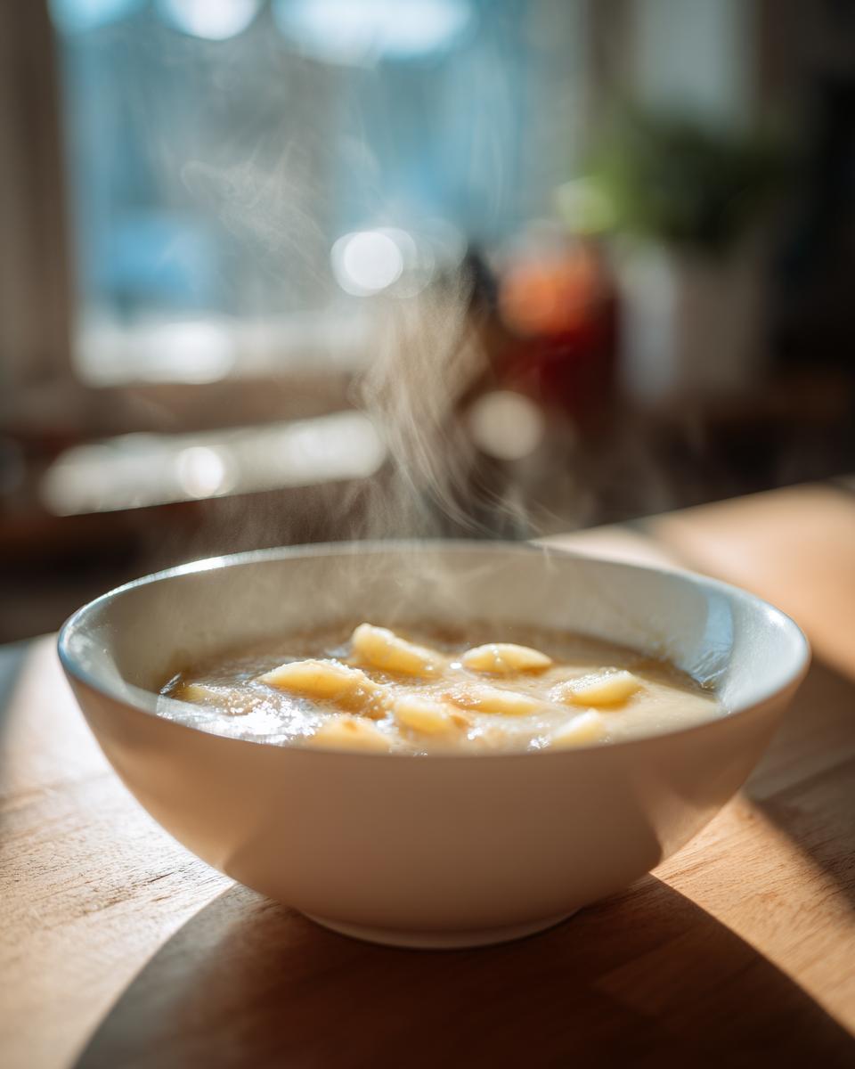 A steaming white bowl filled with creamy Potato Soup topped with chunks of potato, sitting on a wooden surface.