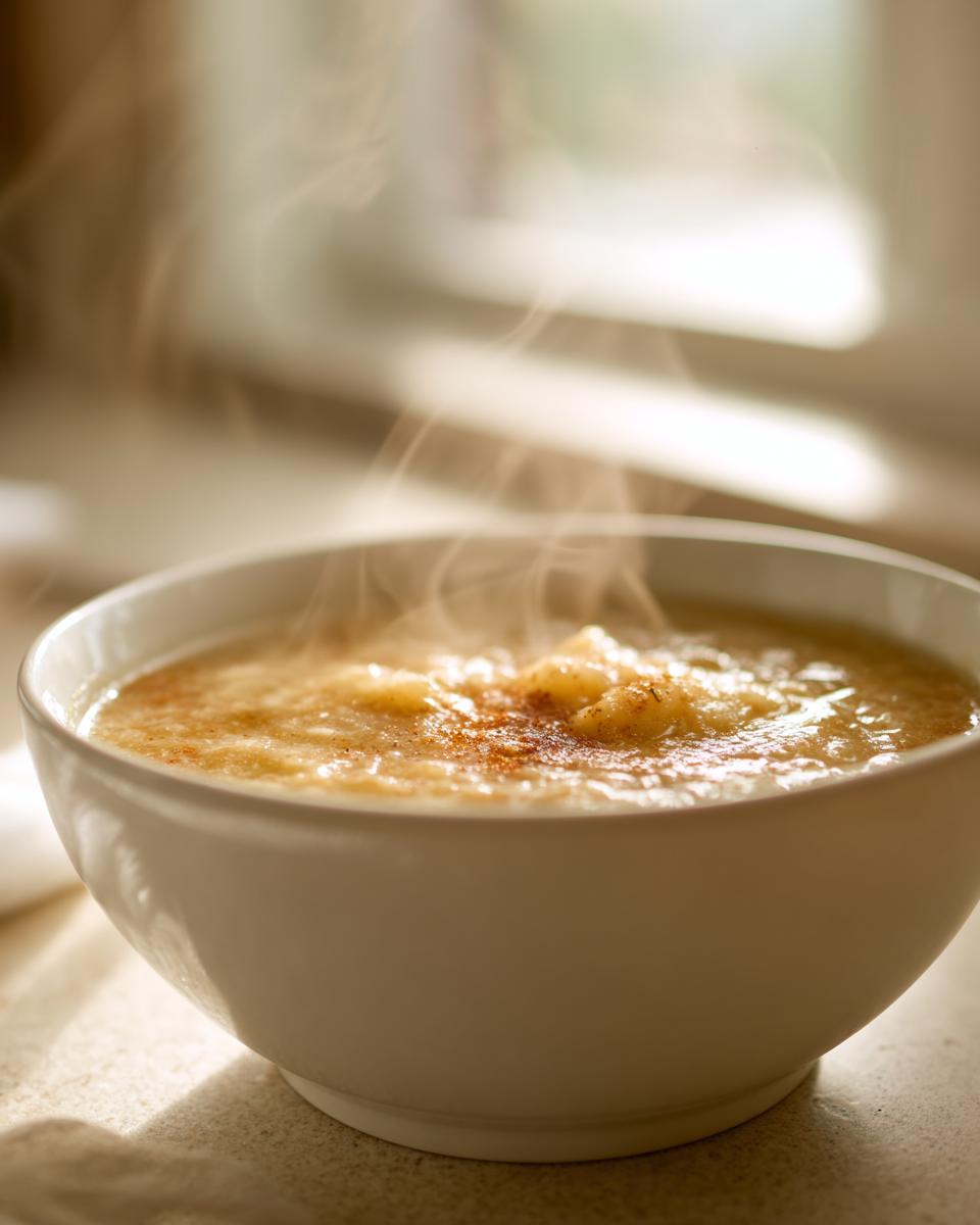 Close-up of a steaming white bowl filled with creamy Potato Soup, lightly dusted with spice.