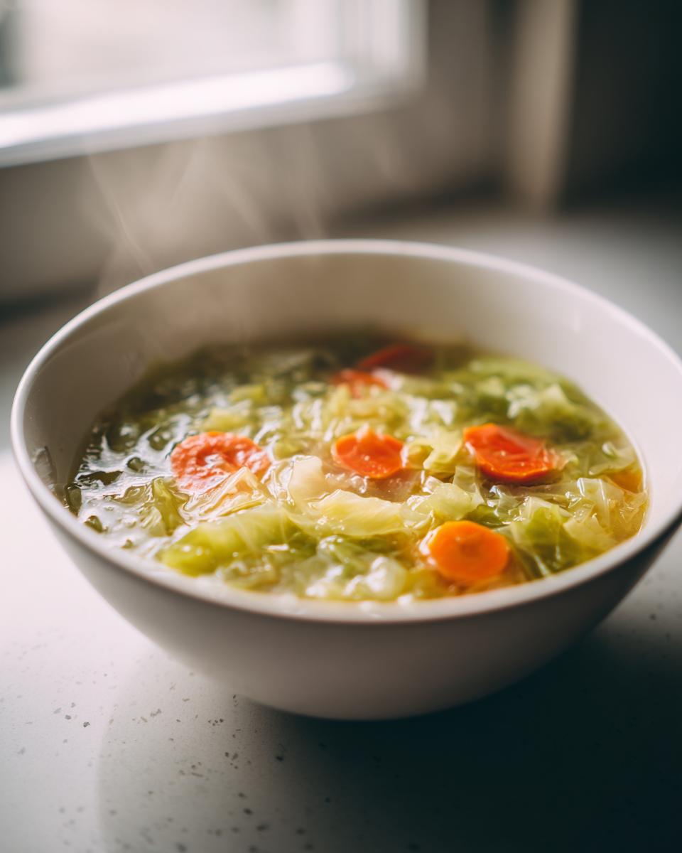 A close-up of a steaming white bowl filled with vibrant Cabbage Soup, featuring cooked cabbage and bright orange carrot slices.